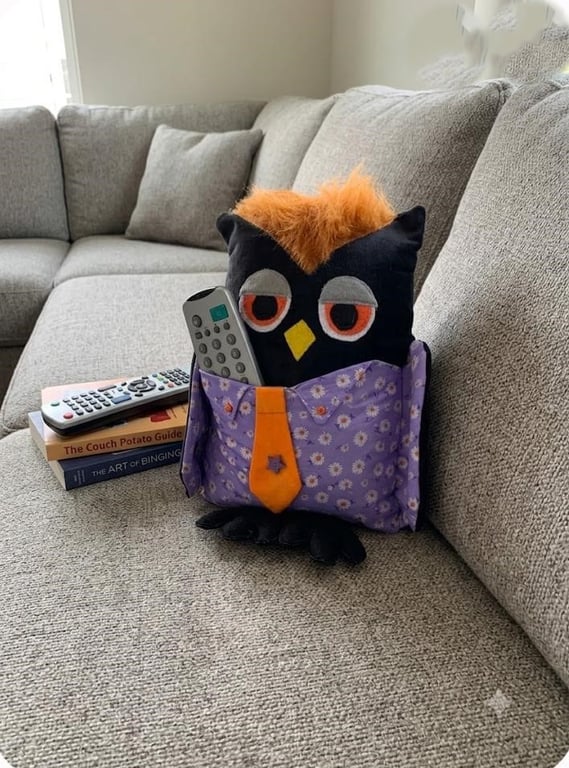 Black velvet owl shaped remote control cushion