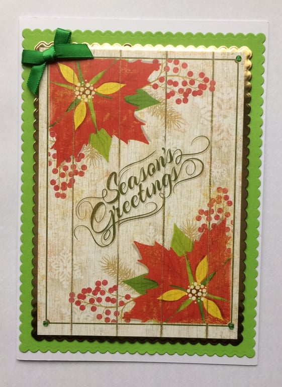 Handmade Christmas Card Green Vintage Season's Greetings Poinsettias