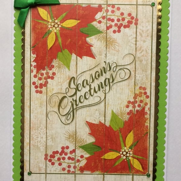 Handmade Christmas Card Green Vintage Season's Greetings Poinsettias