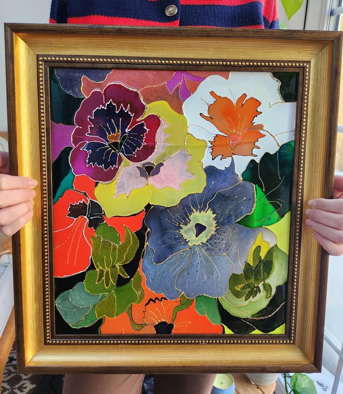 Handmade flowers Glass Painting wall art Flower Bouquet Gilded Framed