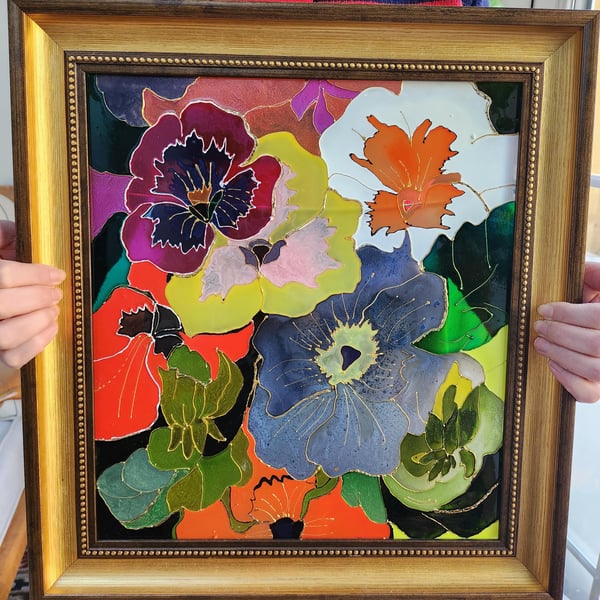 Handmade flowers Glass Painting wall art Flower Bouquet Gilded Framed