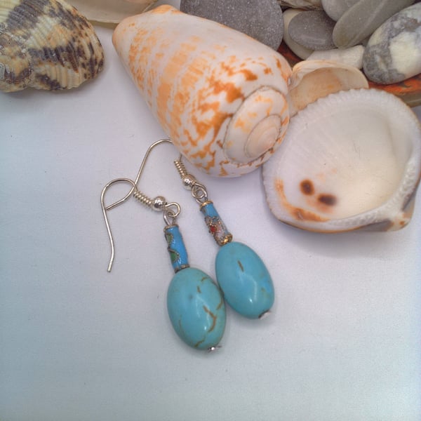 Earrings Made with A Turquoise Oval and Cloisonne Tube, Gift for Her, Earrings 
