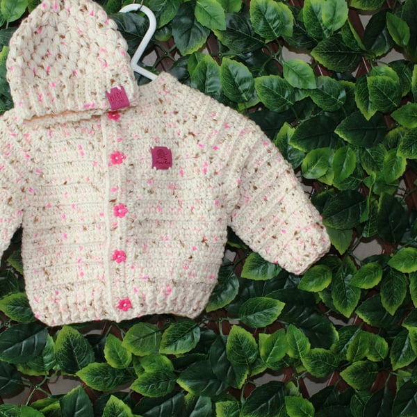 handmade crochet baby cardigan and hat set in size 3 - 6 months