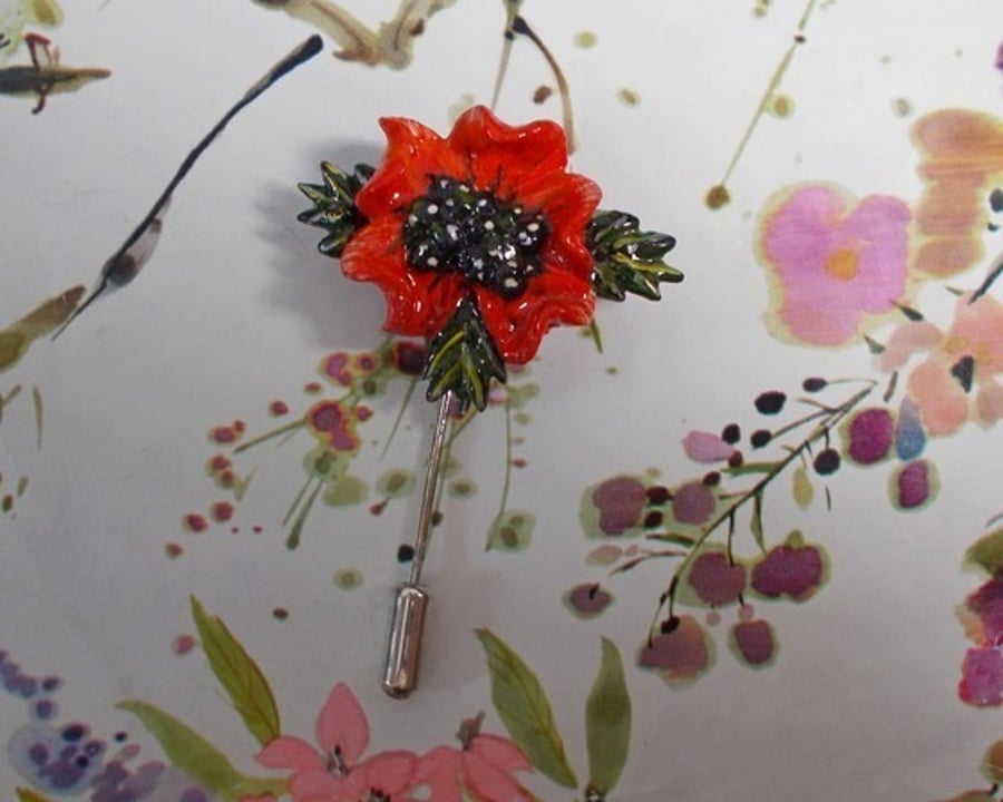 Unique Red FIELD POPPY PIN Remembrance Lapel Flower Brooch HANDMADE HAND PAINTED