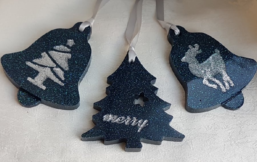 Set of 3 Resin Decorations - Midnight Blue and Silver.