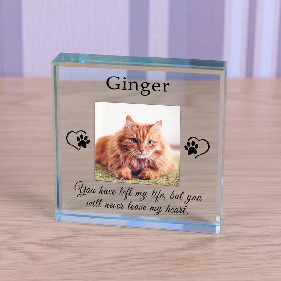 Cat Memorial, Personalised Photo Engraved Glass Block, Cat Keepsake, Never Leave