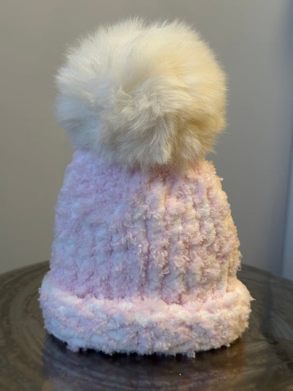 Handmade Pink & White Hat with Pom Pom 