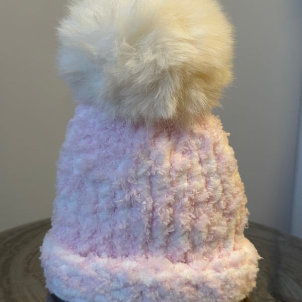 Handmade Pink & White Hat with Pom Pom 