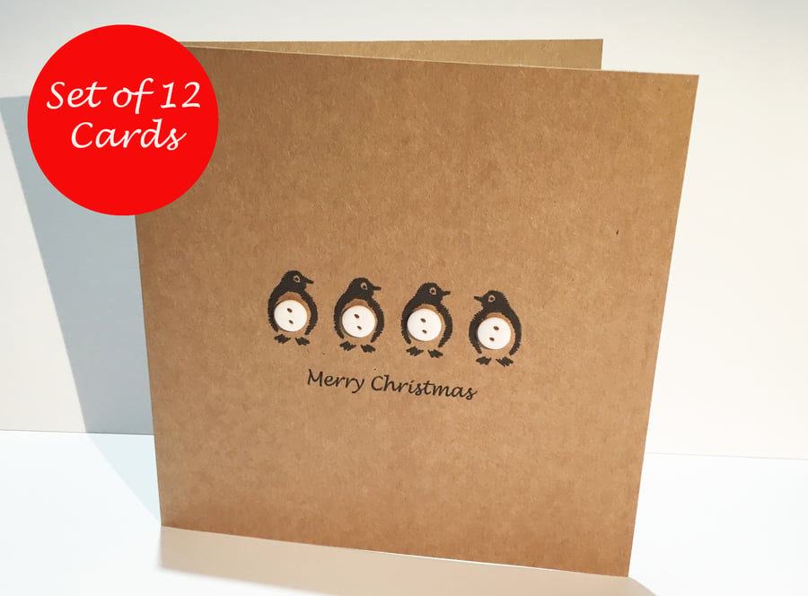 Set of 12 Penguin Christmas Cards - Buttons