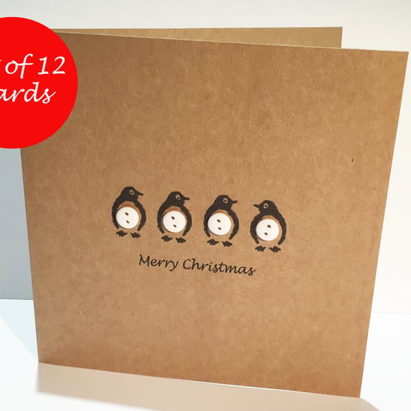 Set of 12 Penguin Christmas Cards - Buttons