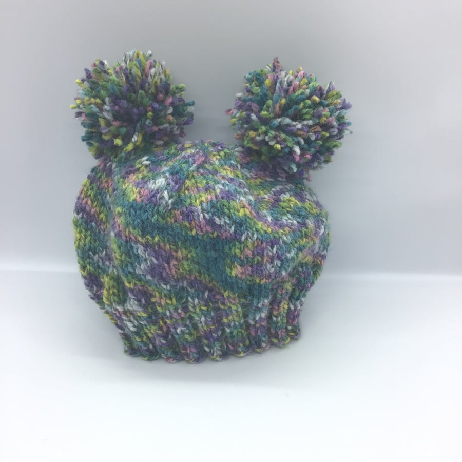 Double Pom Pom Hat Blue Green Yellow Pink Mix 