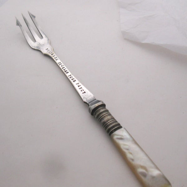 Antique pickle fork, hand stamped, pearl handled, whatever pickles your fancy