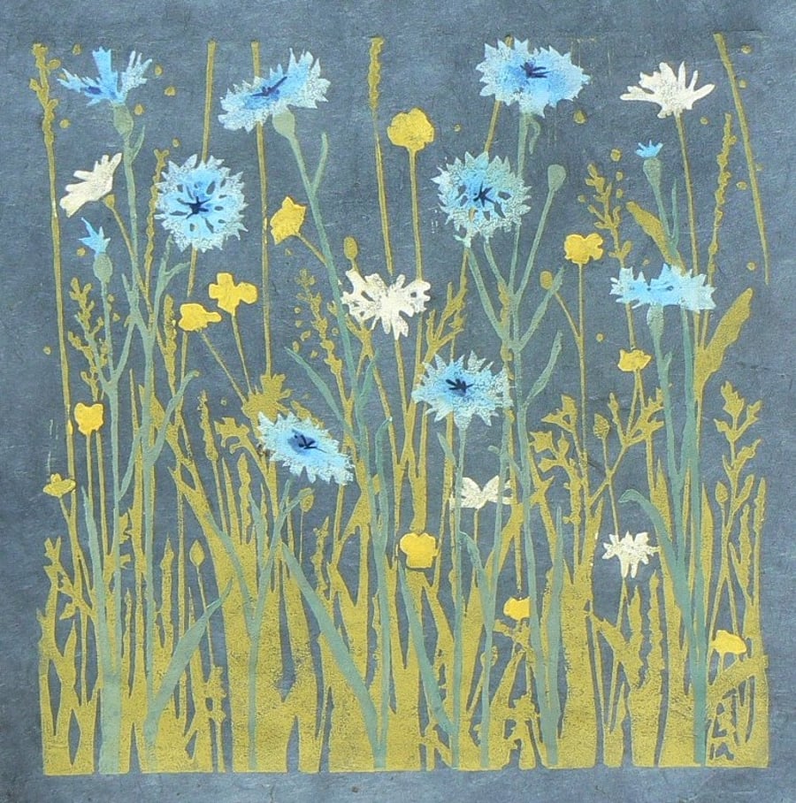 Cornflower Meadow linocut print