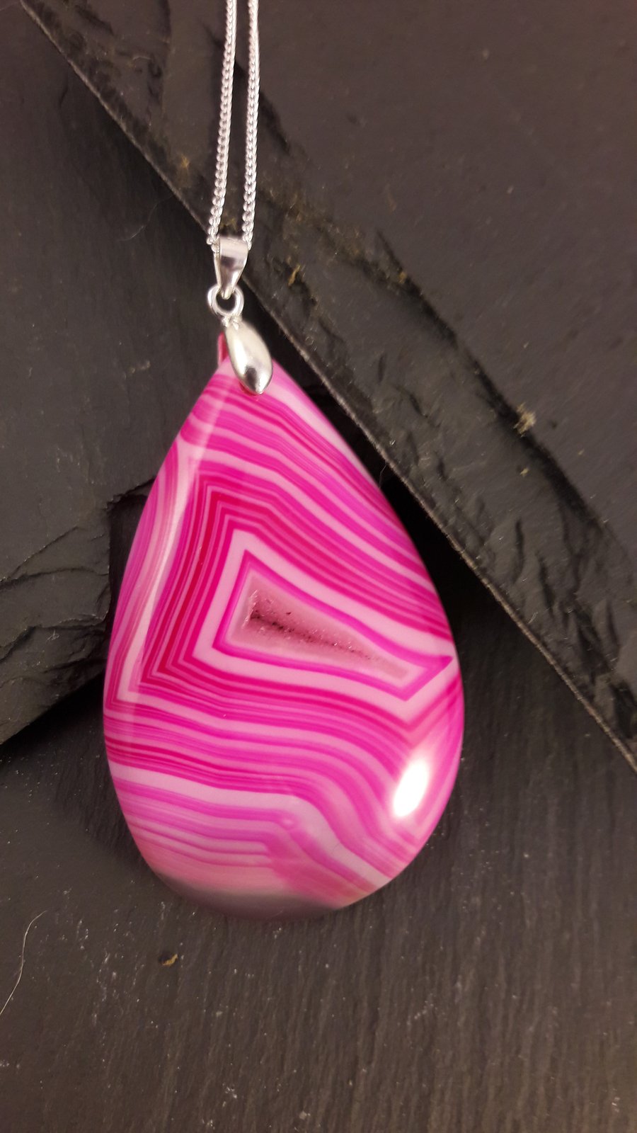 Pink Stripe Agate Droplet Pendant with Sterling Silver Chain