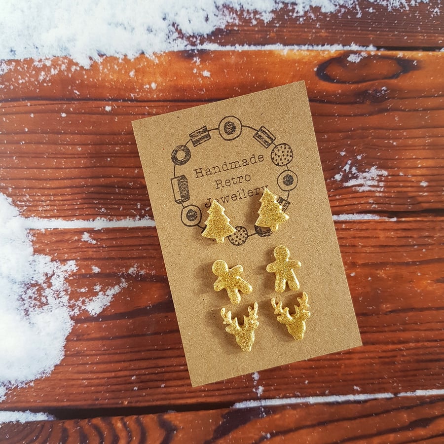 Christmas Trio of gold glitter stud earrings