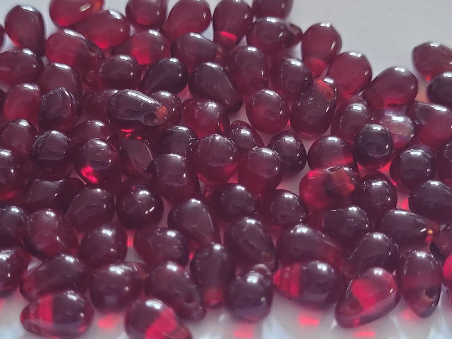 100 Blood Red Czech Drop Beads 7mm