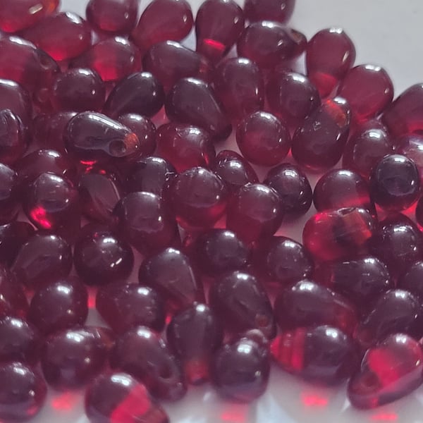 100 Blood Red Czech Drop Beads 7mm