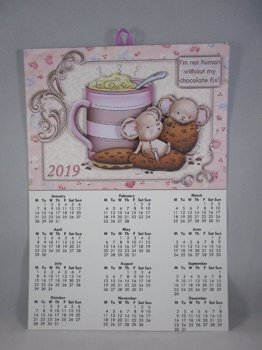 Handmade  Wall Calendar, mouse, chocolate 2019,Decoupage,3D