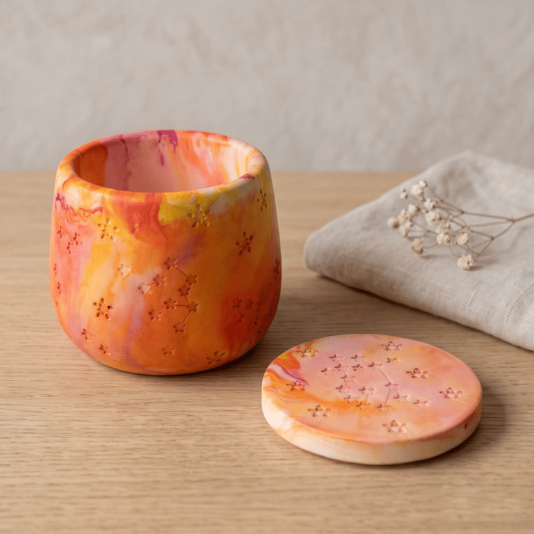 Sunrise Marbled Jewellery Box with Stars Pink Orange Yellow Handmade Gift