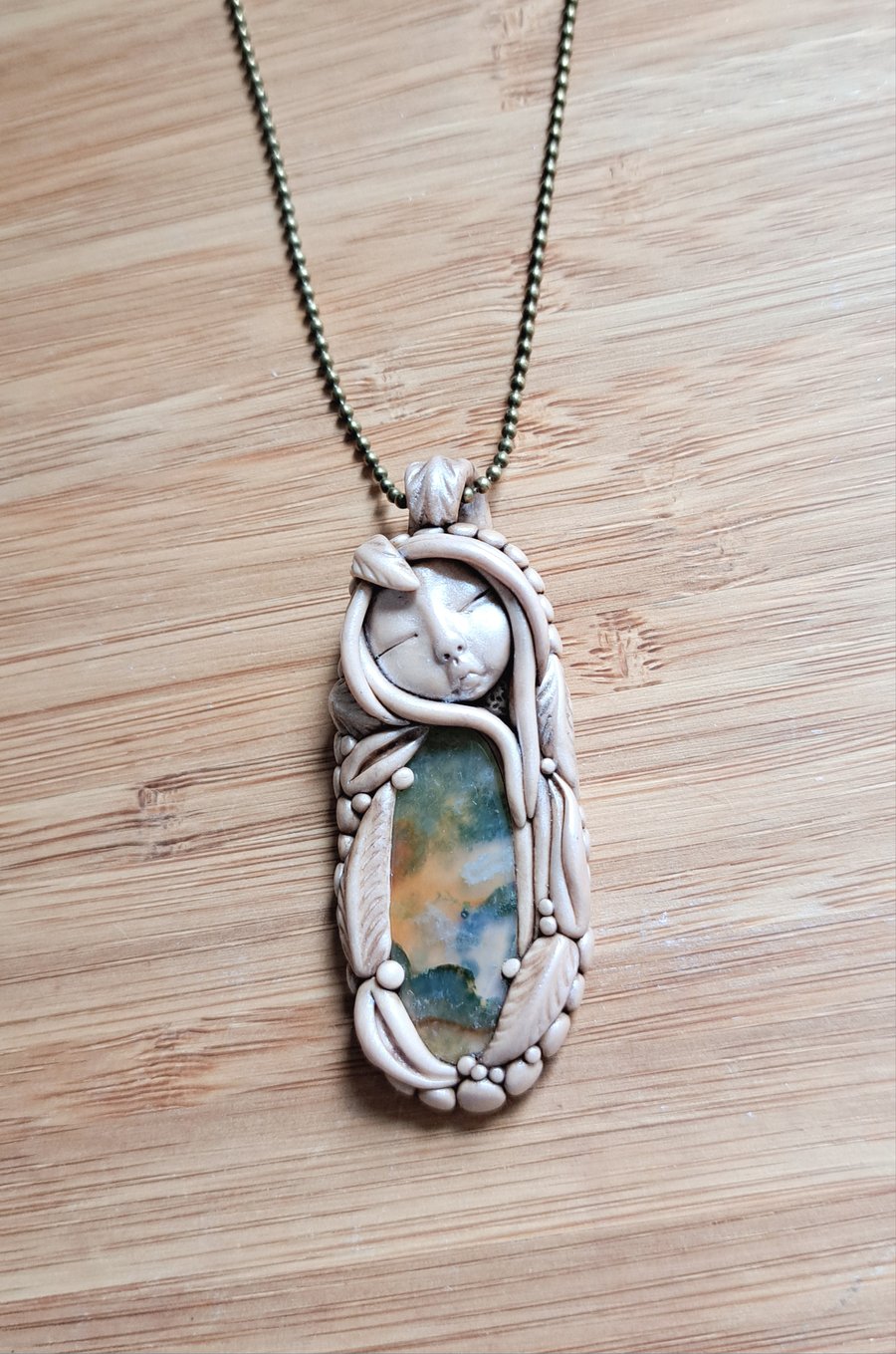 Moss Agate and Polymer Clay Goddess Amulet Pendant 