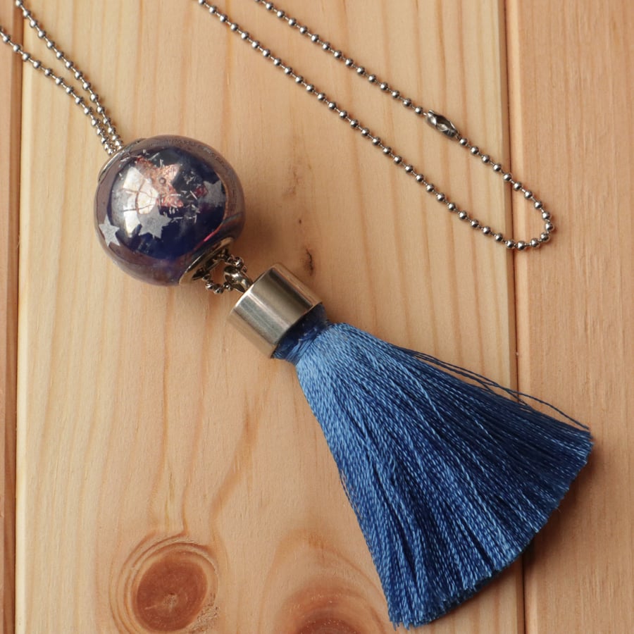 Starry Night Tassel Long Necklace Dichroic Glass Bead on Stainless Steel Chain
