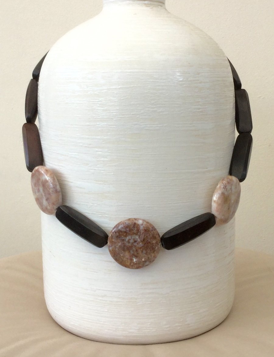 Chunky Statement Necklace with Marble Discs and Mahogany Beads 