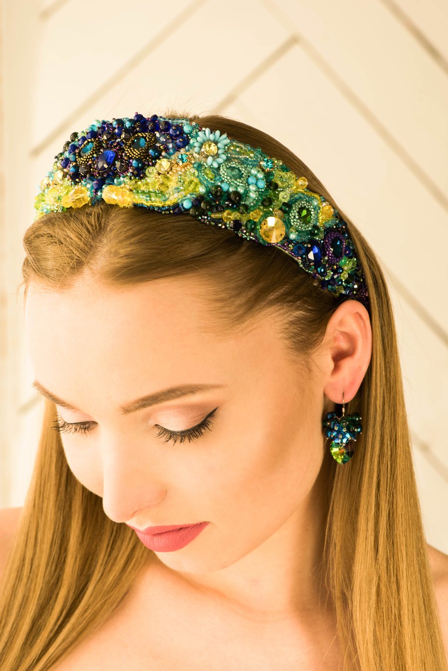 Laguna Blue Emerald Yellow embellished Swarovski crystal beaded headband