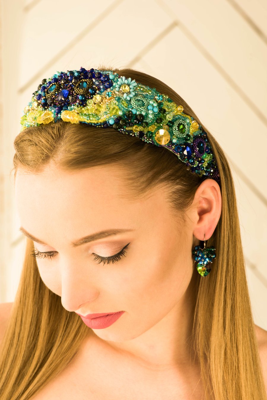 Laguna Blue Emerald Yellow embellished Swarovski crystal beaded headband