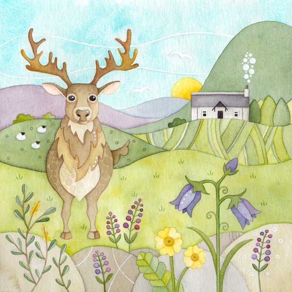 Stag Framed Print. Scottish Highlands Watercolour Art. Glencoe Bothy Painting