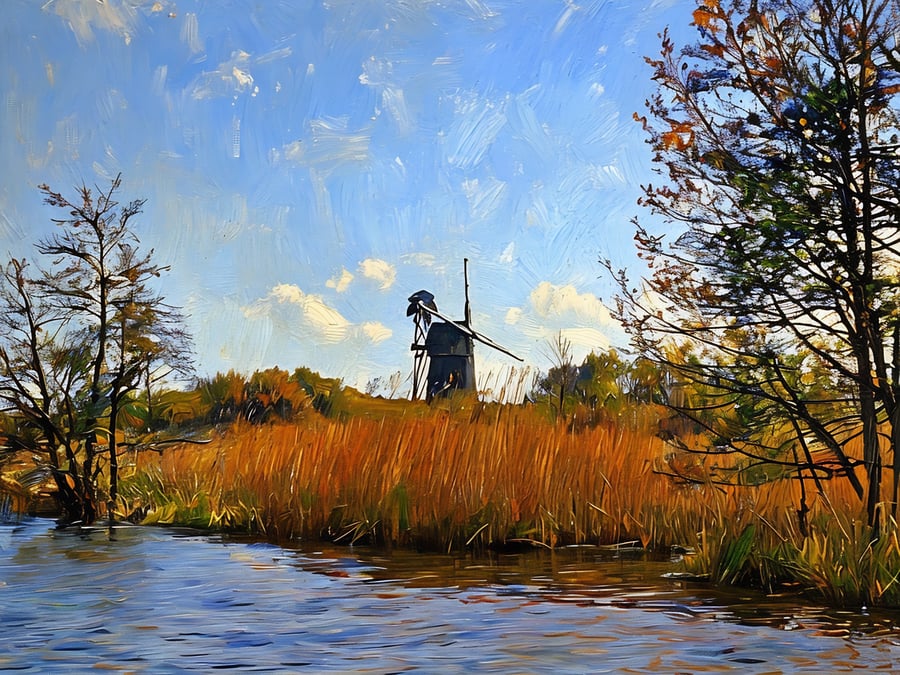 A4 Print Of Windmill on The Norfolk Broads Sunset