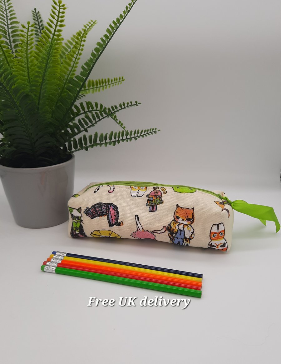 Pencil case boxy zipped pouch in crazy cats fabric.  