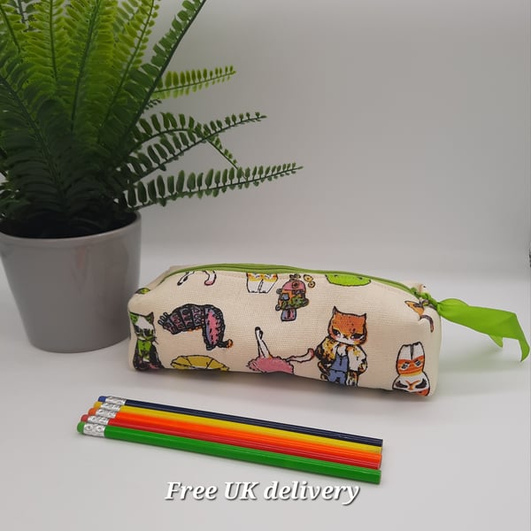 Pencil case boxy zipped pouch in crazy cats fabric.  