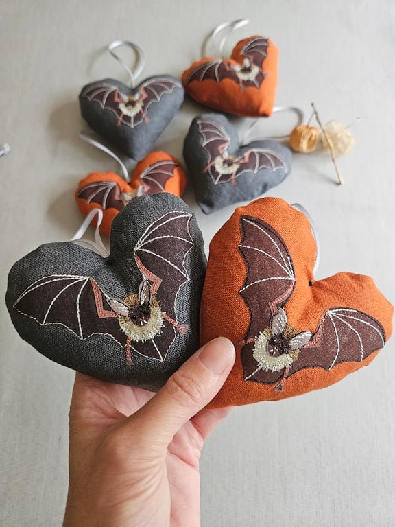 Handmade fabric Bat Halloween decorations, padded heart, hanging