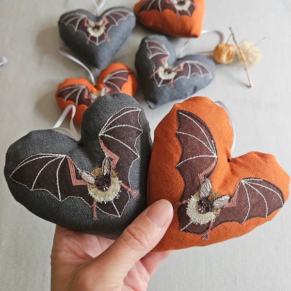 Handmade fabric Bat Halloween decorations, padded heart, hanging