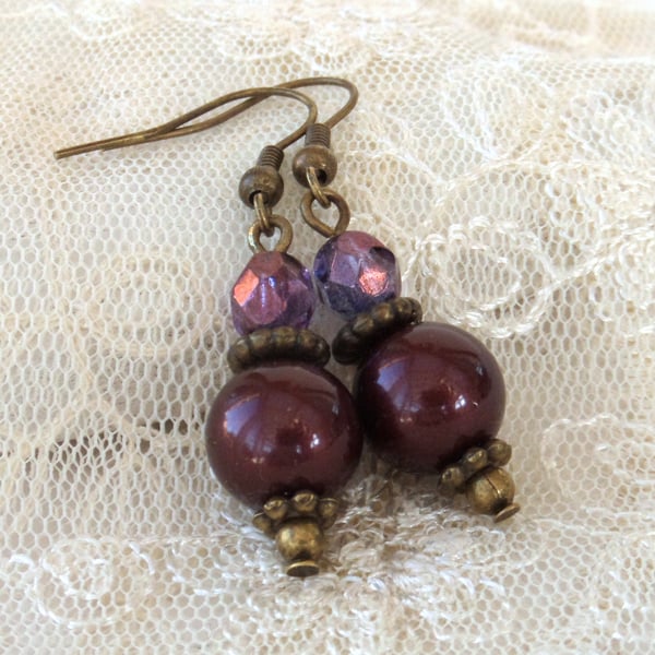 Burgundy shell pearl, crystal & bronze earrings, vintage inspired
