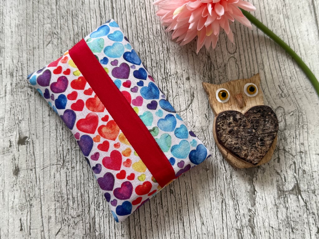 Rainbow Hearts Fabric Pocket Tissue Holder - Travel Tissue Case - Reusable