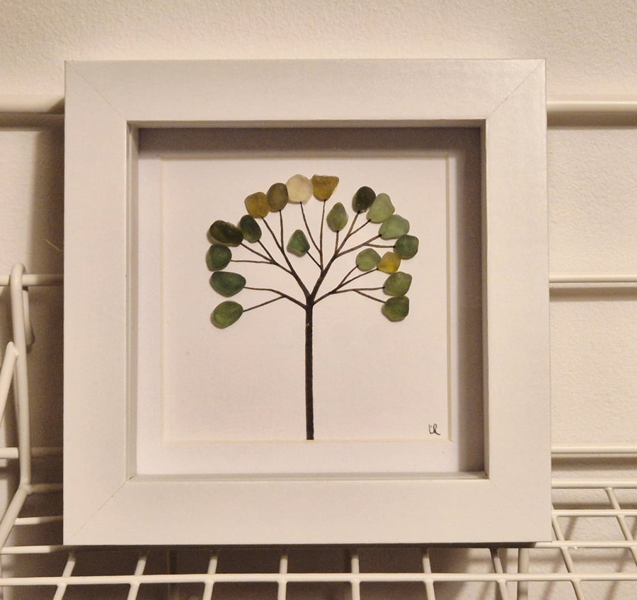 Simple sea glass tree in mini 12cmx12cm shadow box frame shades of green seaham 