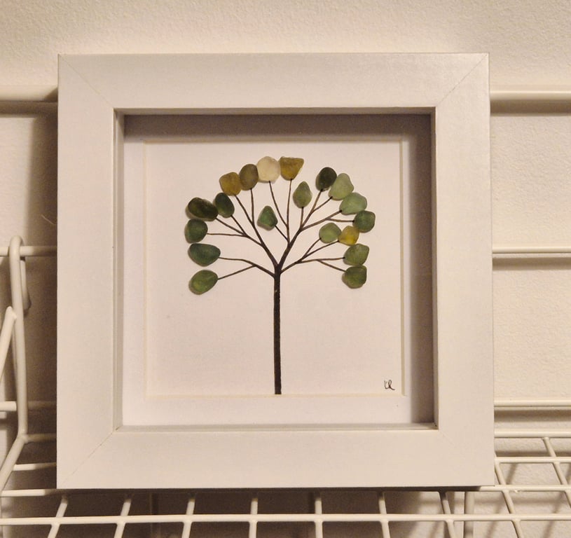 Simple sea glass tree in mini 12cmx12cm shadow box frame shades of green seaham 