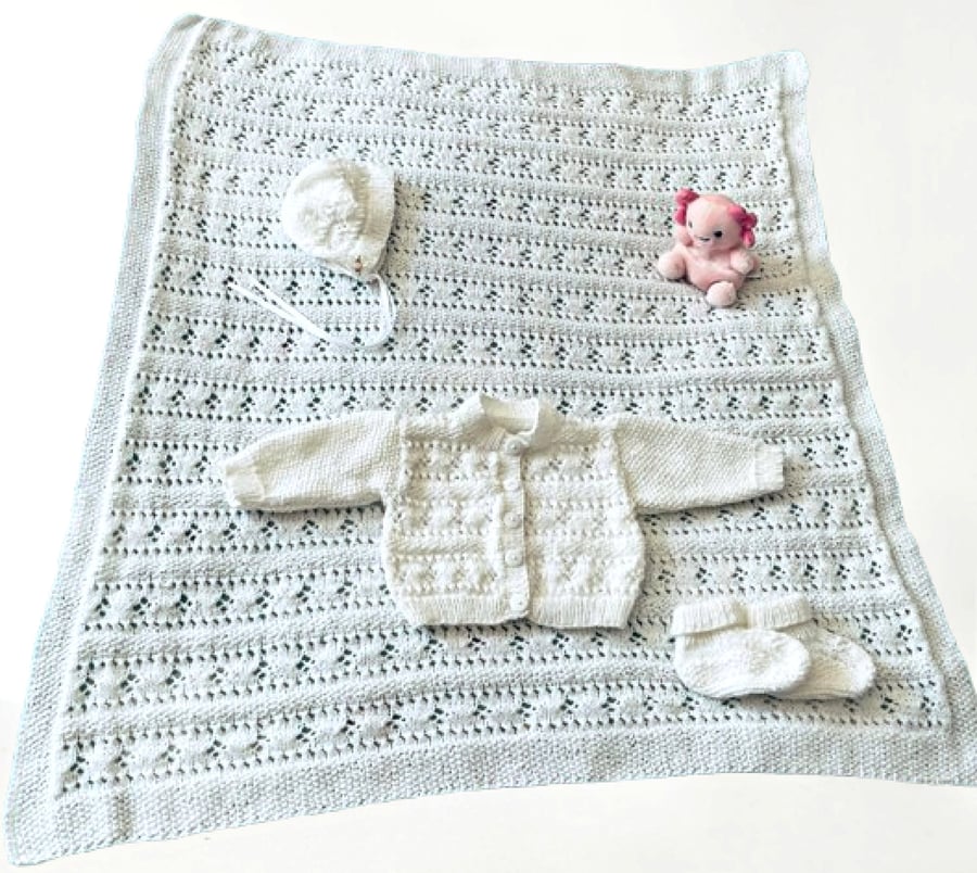 Hand Knit Baby Set, Cardigan, Bootees, and Bonnet In White- Age 3 - 6 Months