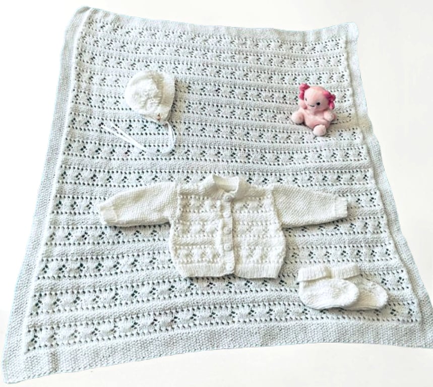Hand Knit Baby Set, Cardigan, Bootees, and Bonnet In White- Age 3 - 6 Months