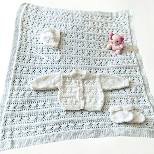 Hand Knit Baby Set, Cardigan, Bootees, and Bonnet In White- Age 3 - 6 Months