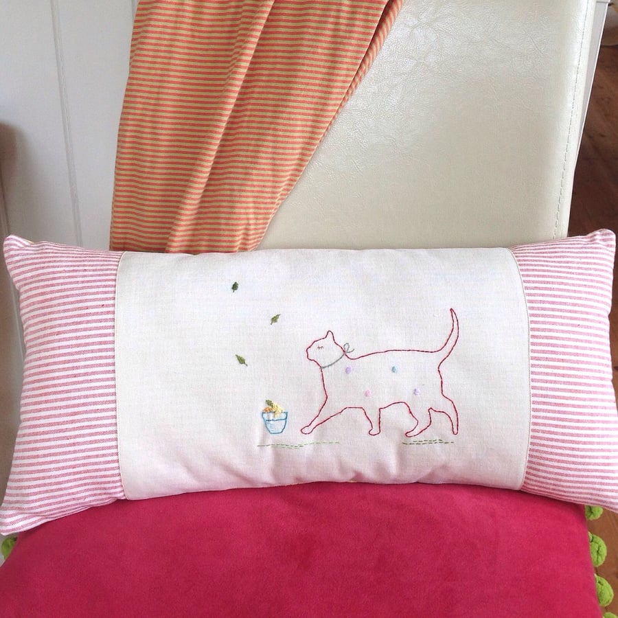 SALE  Cat Hand Embroidered Handmade Stripy Large cushion