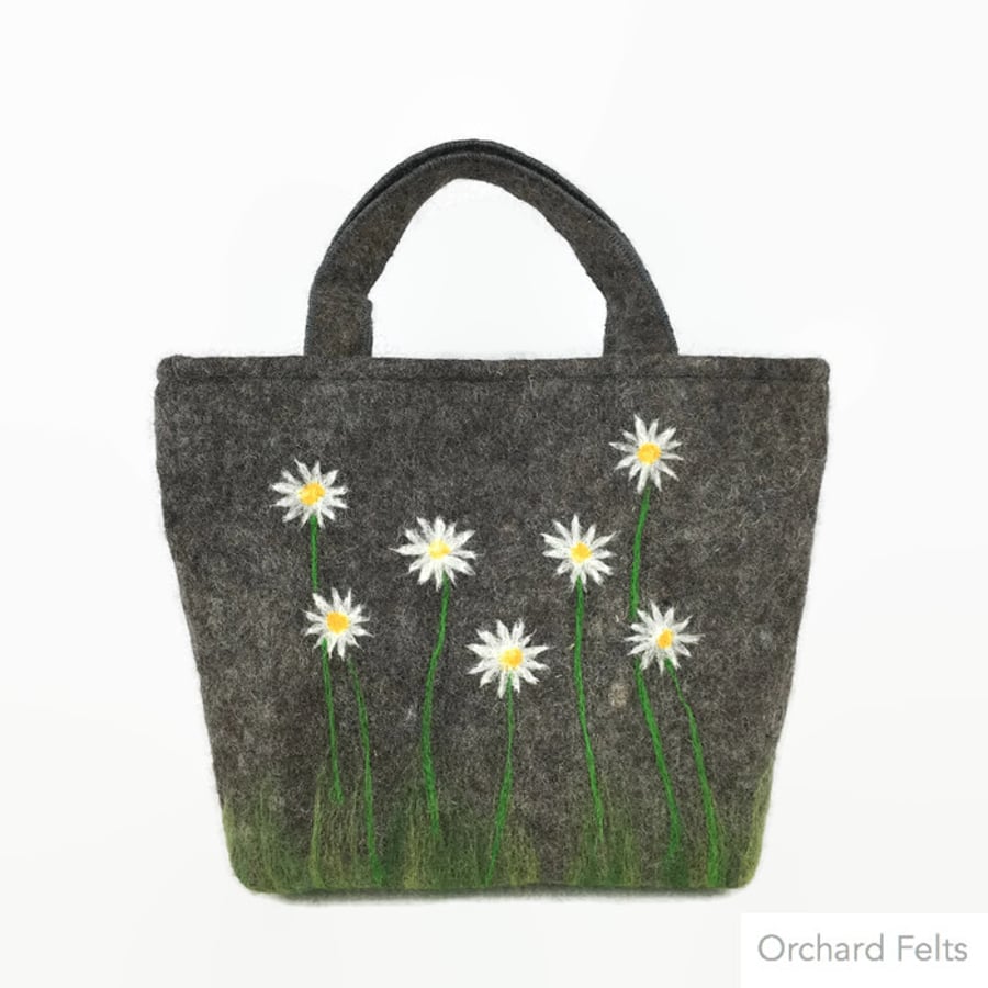 Handbag, grey wool felt with needle felted daisy design