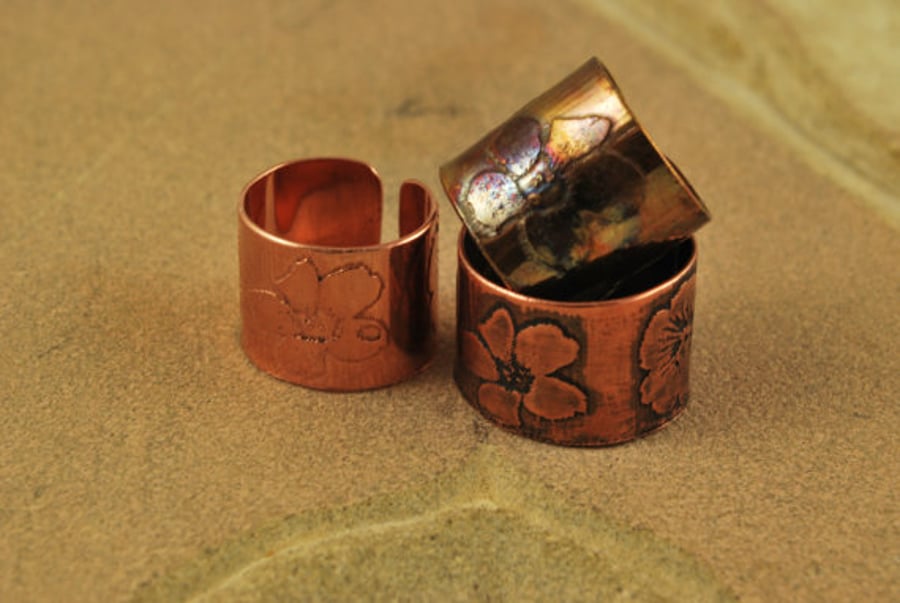 Etched Copper Flower Ring - Adjustable size