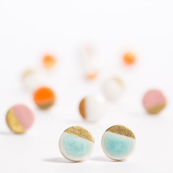 Porcelain Round Turquoise Stud Earrings 