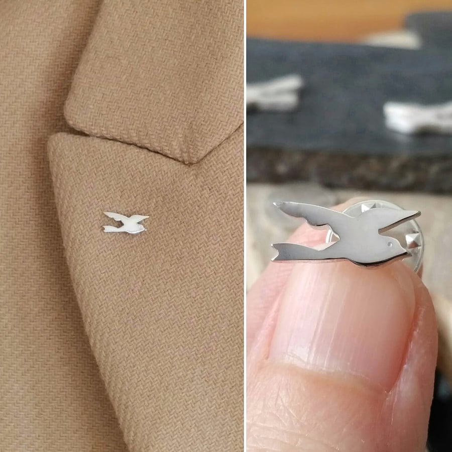 Unique Handmade Silver Bird Lapel or Tie Pin