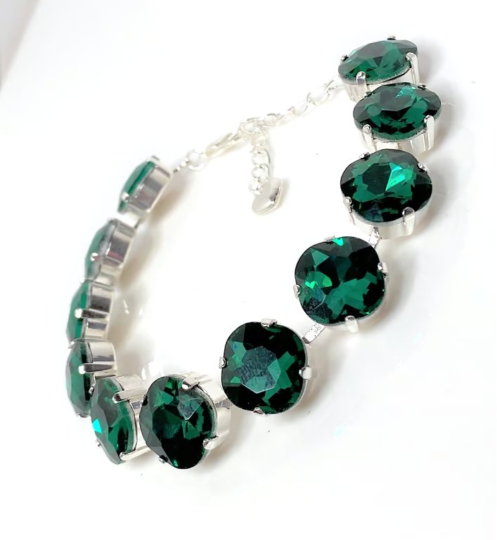 Emerald Green Crystal Bracelet, Silver Plated Cushion Cut