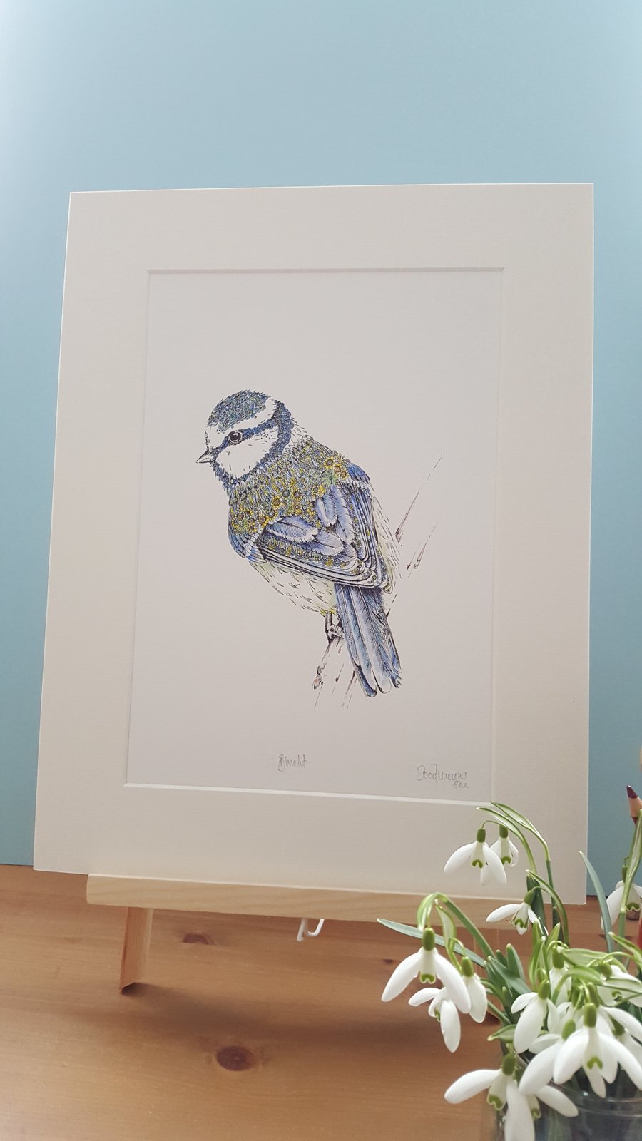 Floral Bluetit 12 x 15'' mounted, signed print