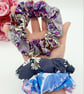 Colourful scrunchies,  set of 3, navy polkadot,  blue floral and purple.   - Image 2