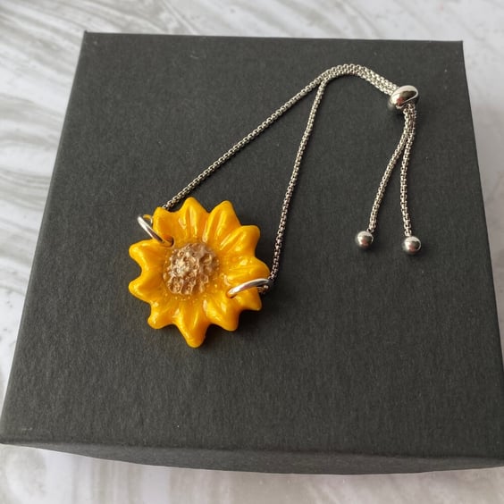 Hand painted polymer clay Sunflower adjustable bracelet.